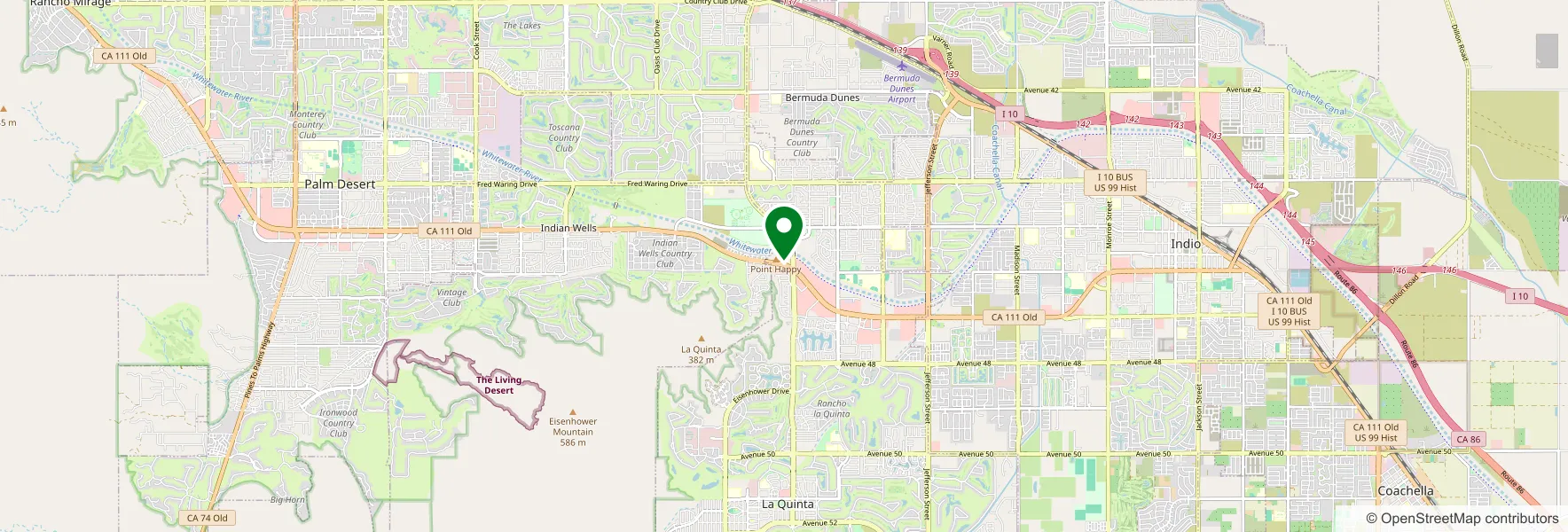 Map of the Coachella Valley with our office marked on Highway 111 in La Quinta, between Indian Wells and Indio.